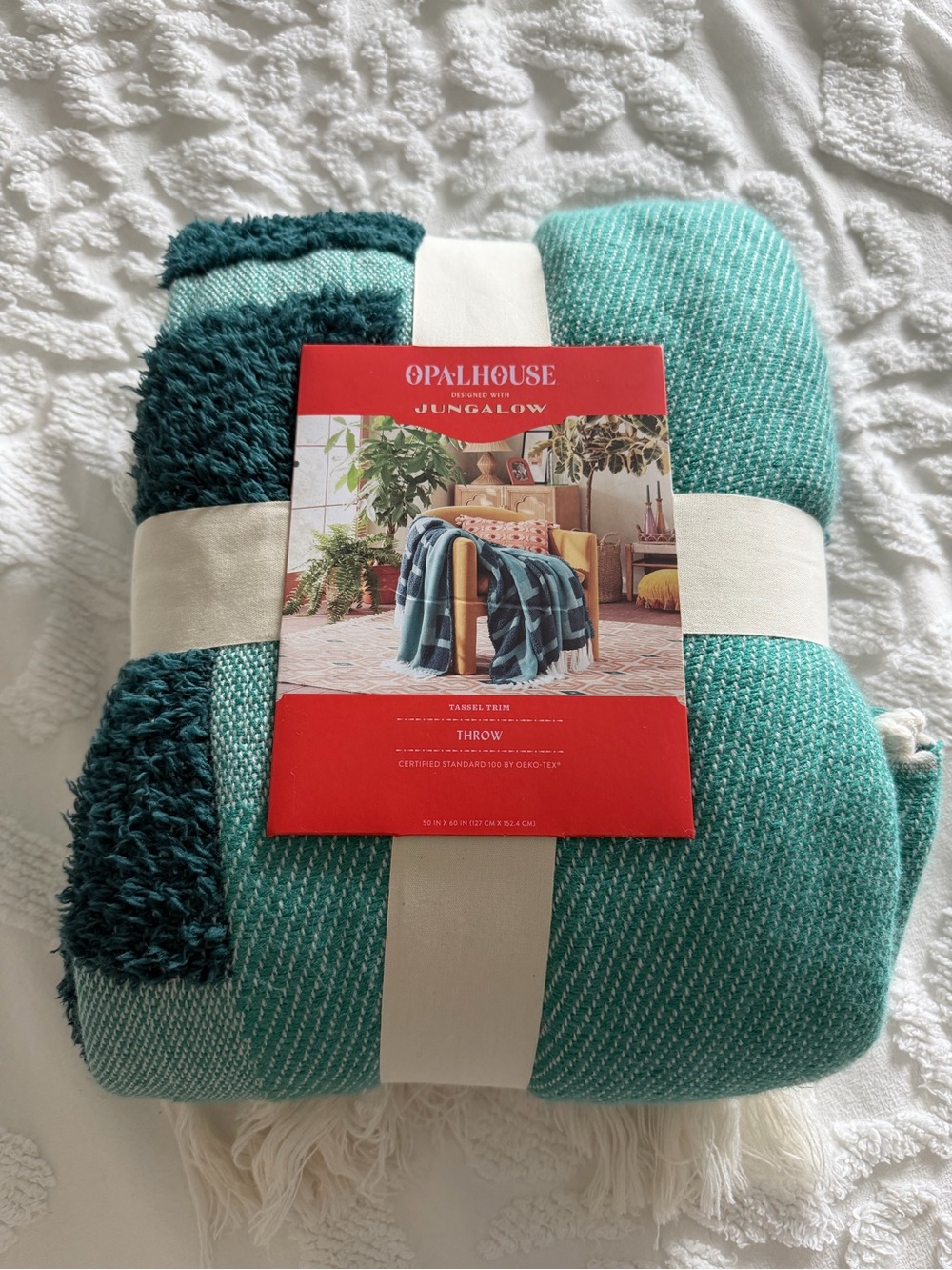 Opalhouse Teal and White Tassel Trim Throw Blanket. Jungalow